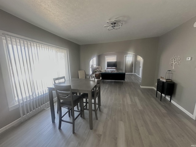 dining space featuring baseboards, arched walkways, lofted ceiling, wood finished floors, and a textured ceiling