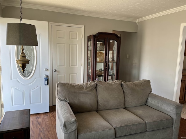 living room with ornamental molding, dark wood-style flooring, and a textured ceiling