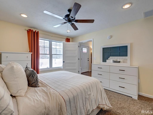 carpeted bedroom with recessed lighting, visible vents, ceiling fan, and baseboards