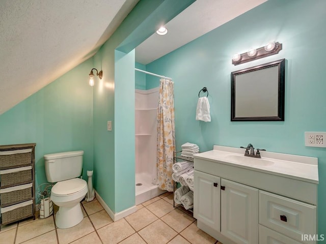 full bath featuring tile patterned flooring, a shower stall, toilet, and vanity