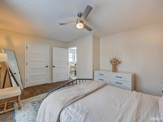 bedroom with ceiling fan and carpet