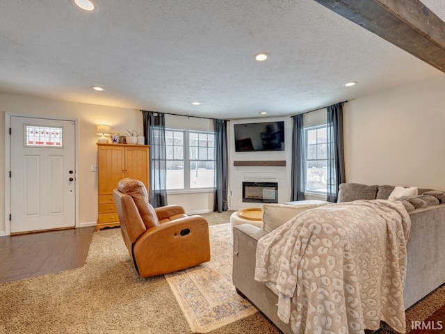 carpeted living area featuring a glass covered fireplace, plenty of natural light, and a textured ceiling