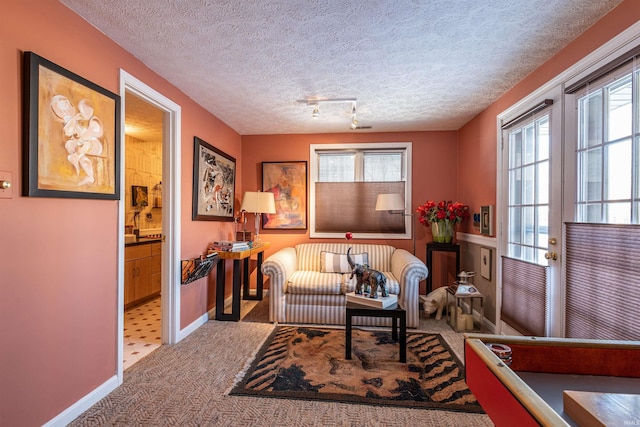 sitting room with light carpet, baseboards, and a textured ceiling