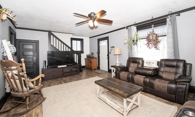 living room featuring ceiling fan, wood finished floors, baseboards, stairs, and ornamental molding