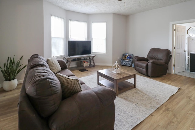 living area featuring ceiling fan, a textured ceiling, and wood finished floors