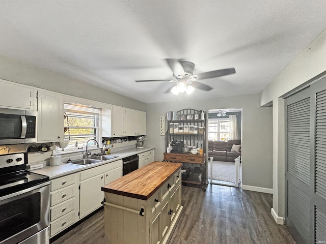 kitchen with a healthy amount of sunlight, appliances with stainless steel finishes, butcher block counters, and a sink