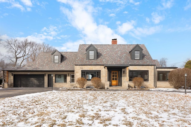 cape cod home featuring stone siding, a chimney, and an attached garage