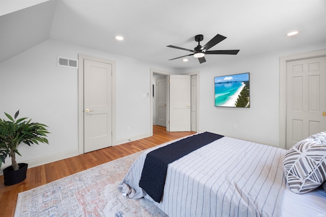 bedroom with recessed lighting, a ceiling fan, baseboards, visible vents, and light wood finished floors