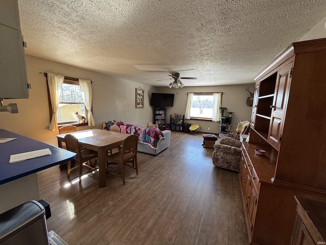 dining room featuring ceiling fan, dark wood-style flooring, and a textured ceiling