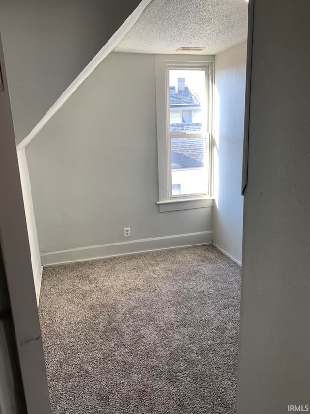 additional living space featuring a textured ceiling, carpet floors, and baseboards