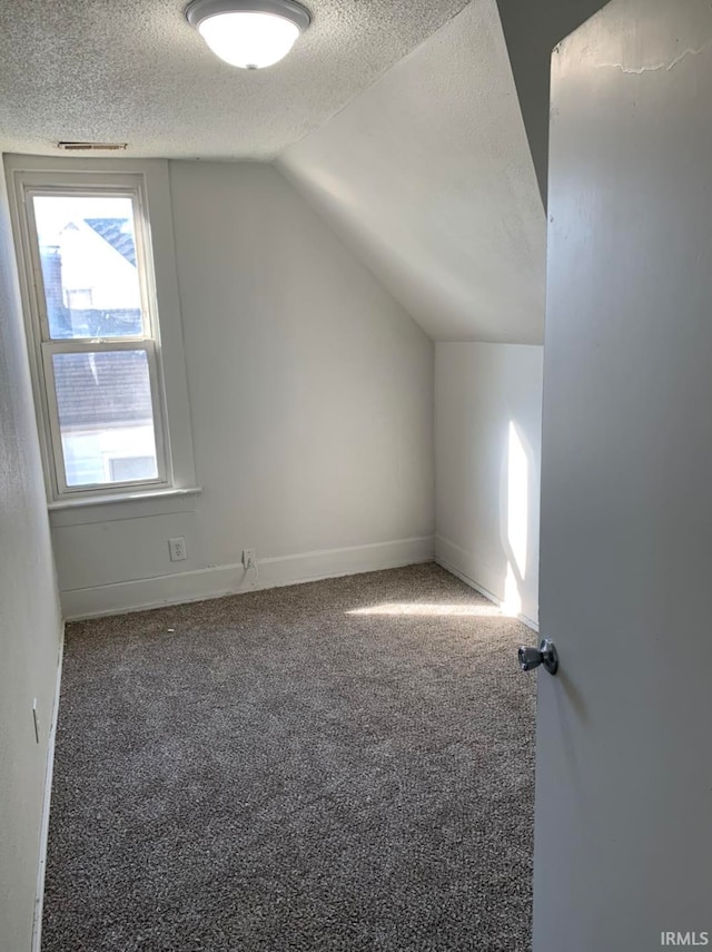 additional living space with a textured ceiling, carpet, lofted ceiling, and baseboards