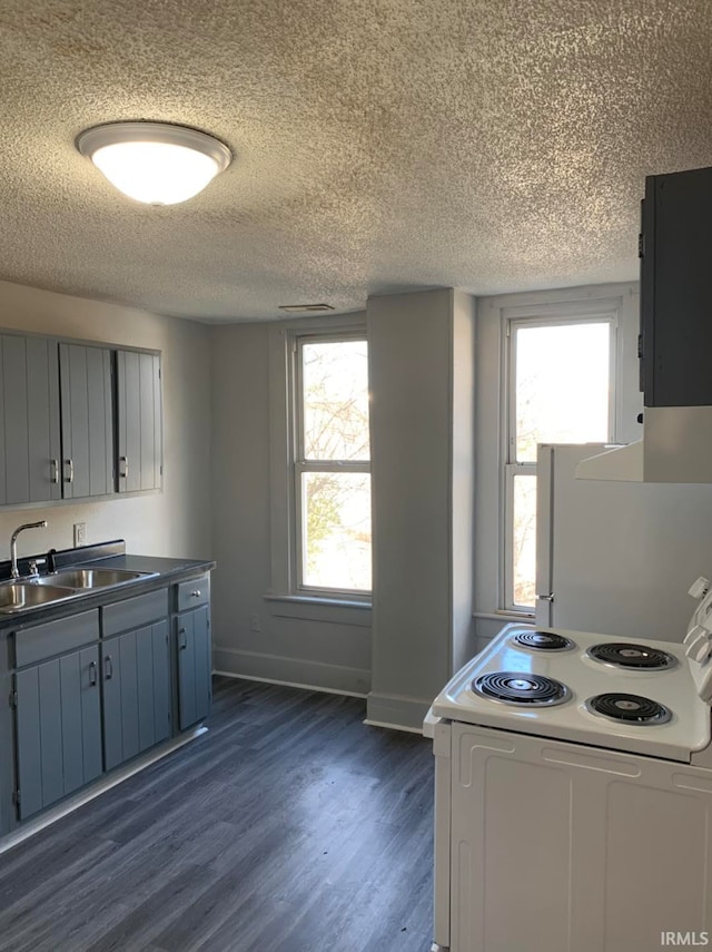 kitchen with dark wood-style floors, dark countertops, white electric range, a sink, and a textured ceiling