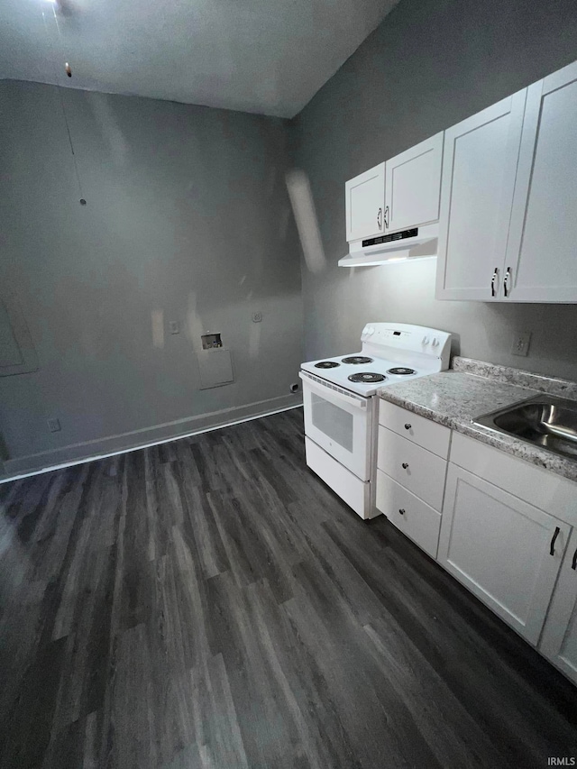 kitchen featuring white range with electric cooktop, dark wood-style flooring, under cabinet range hood, white cabinetry, and a sink