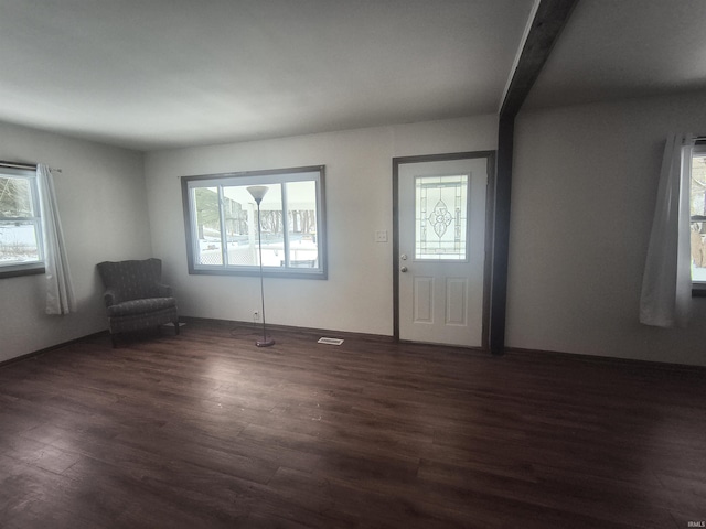 entryway with dark wood-style floors, a wealth of natural light, and visible vents