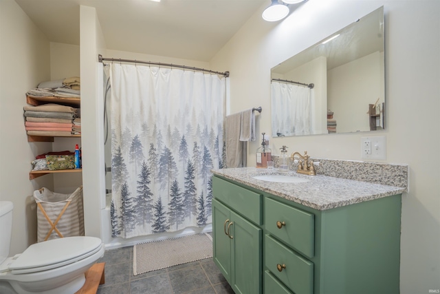 full bathroom with toilet, shower / bath combination with curtain, and vanity