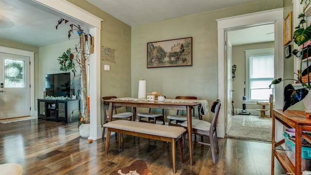 dining area with dark wood-style floors