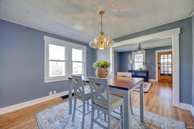 dining room featuring light wood-style floors, a wealth of natural light, and baseboards