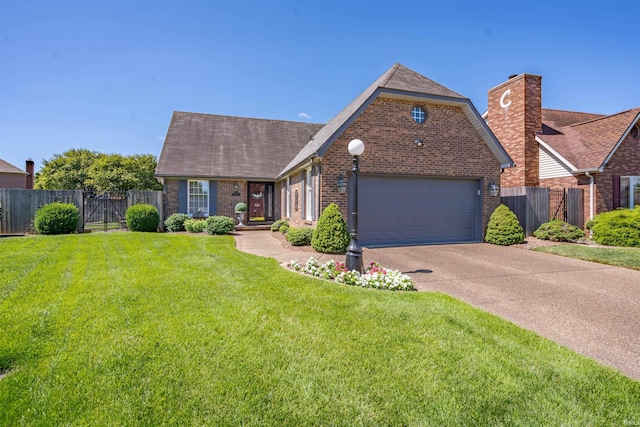 view of front of property with concrete driveway, brick siding, a front lawn, and fence