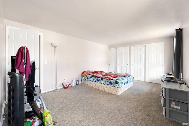 bedroom with multiple closets and carpet flooring