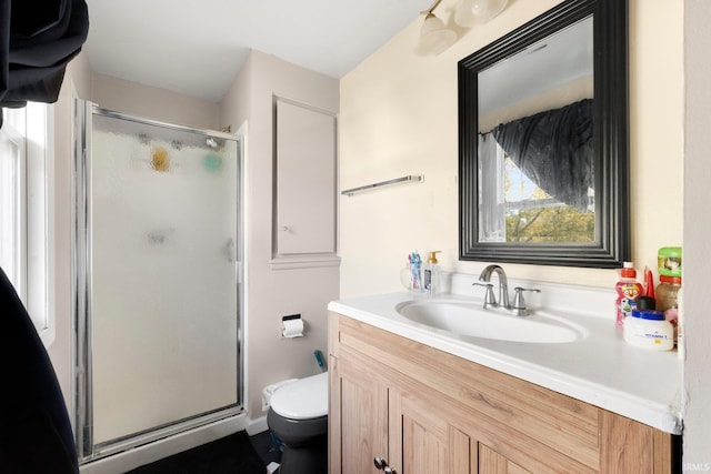 full bathroom featuring toilet, a stall shower, and vanity