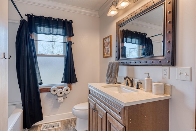 full bathroom with visible vents, shower / bathtub combination with curtain, toilet, ornamental molding, and vanity