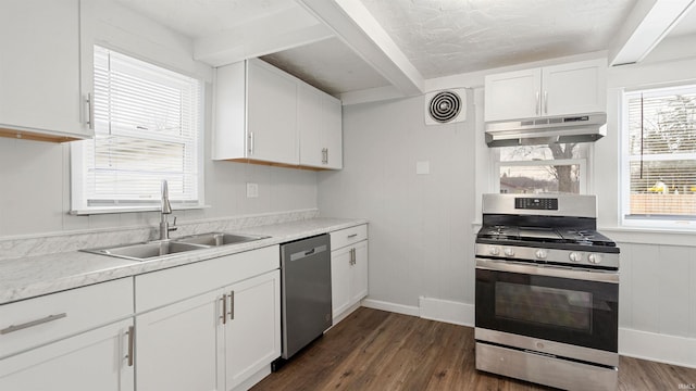 kitchen with visible vents, appliances with stainless steel finishes, under cabinet range hood, white cabinetry, and a sink