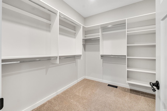 spacious closet with visible vents and light colored carpet