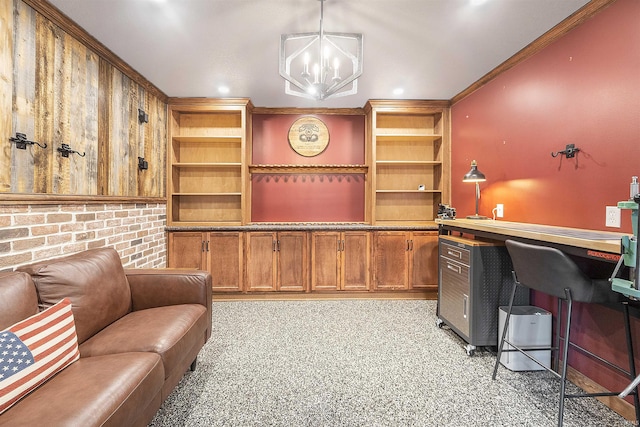 home office with built in shelves, ornamental molding, a chandelier, and recessed lighting