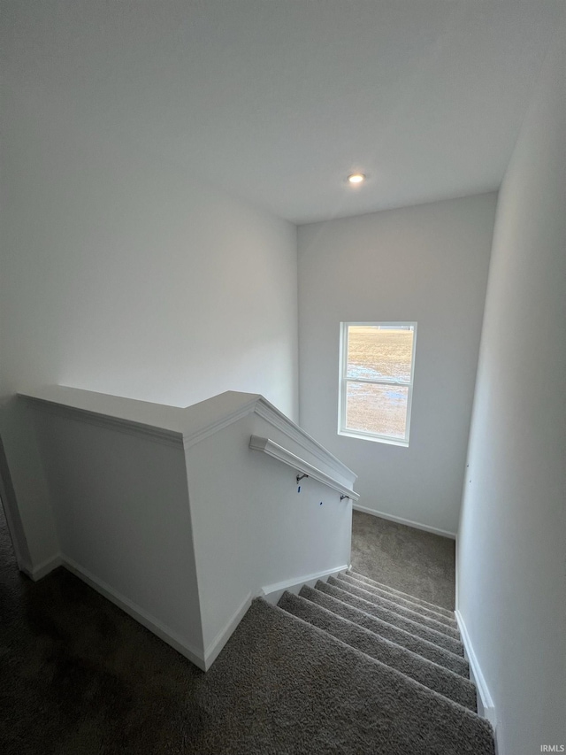 stairs featuring carpet flooring and baseboards