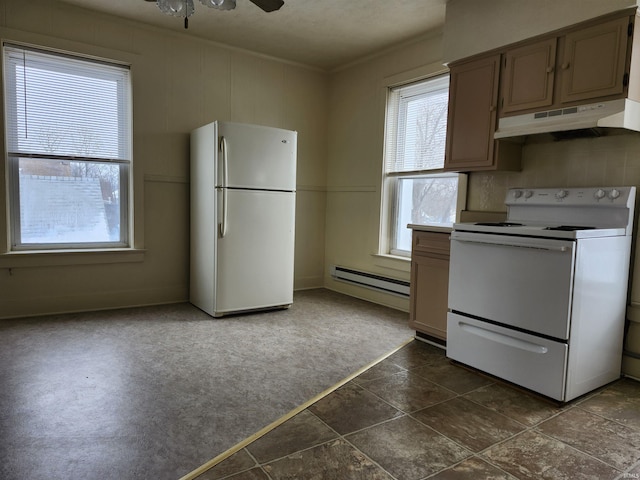 kitchen with white appliances, a baseboard radiator, ornamental molding, dark colored carpet, and under cabinet range hood