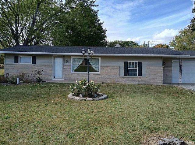 ranch-style house with an attached garage, stone siding, and a front lawn