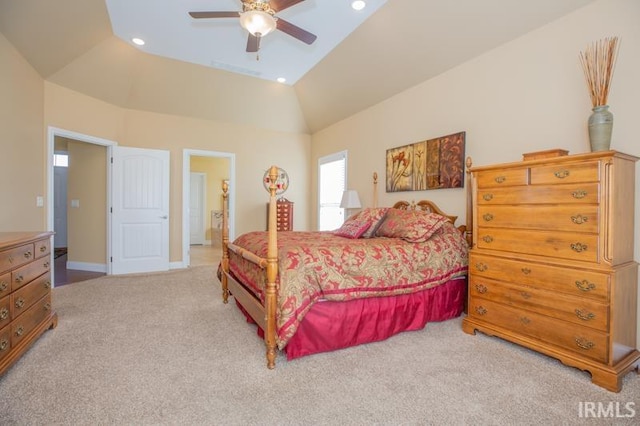 carpeted bedroom with lofted ceiling, ceiling fan, baseboards, and recessed lighting