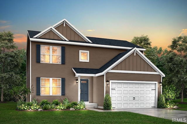 view of front facade featuring a garage, concrete driveway, board and batten siding, and a lawn