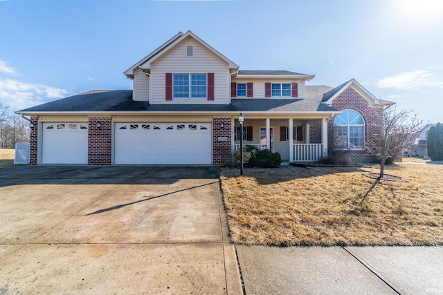 traditional-style home featuring covered porch, concrete driveway, brick siding, and an attached garage