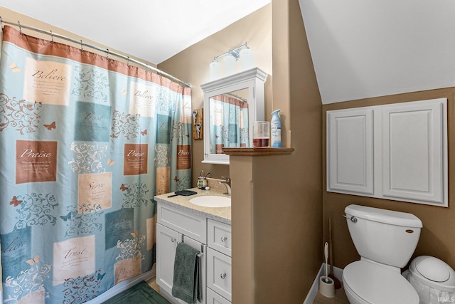 bathroom with toilet, lofted ceiling, a shower with shower curtain, and vanity