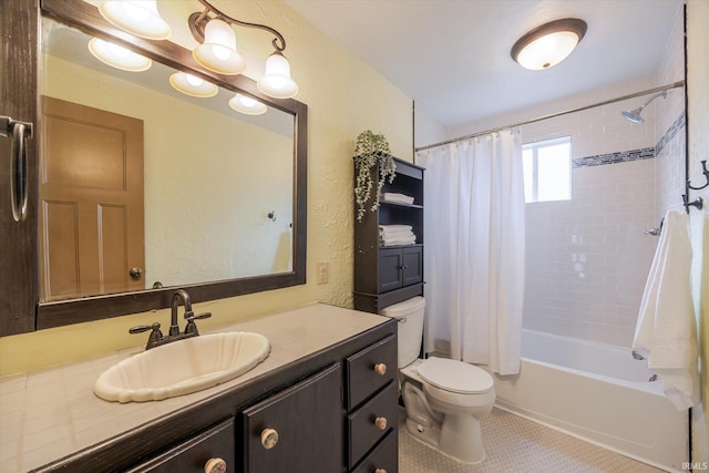 full bath with shower / bath combination with curtain, a textured wall, toilet, vanity, and tile patterned flooring