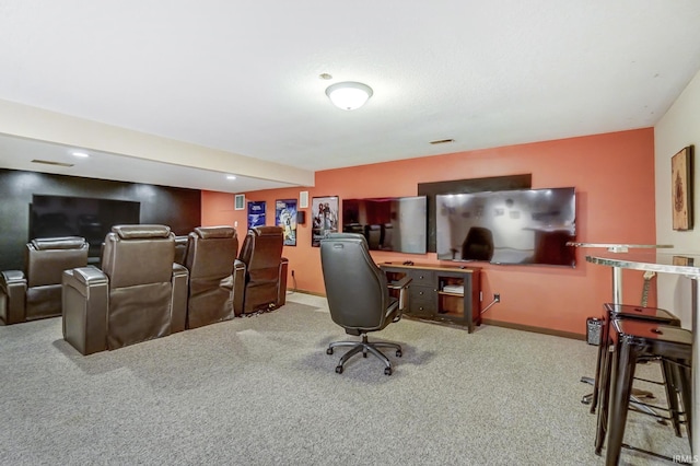 office area with light colored carpet and baseboards