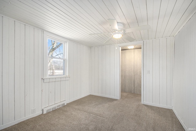 spare room featuring wooden ceiling, wooden walls, carpet floors, visible vents, and a ceiling fan