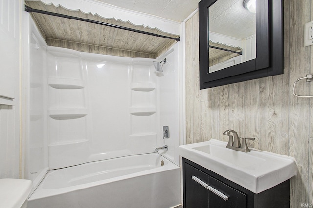 bathroom featuring vanity, shower / tub combination, wood ceiling, and wooden walls