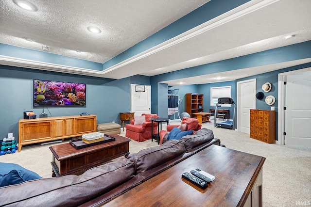 cinema room featuring carpet and a textured ceiling