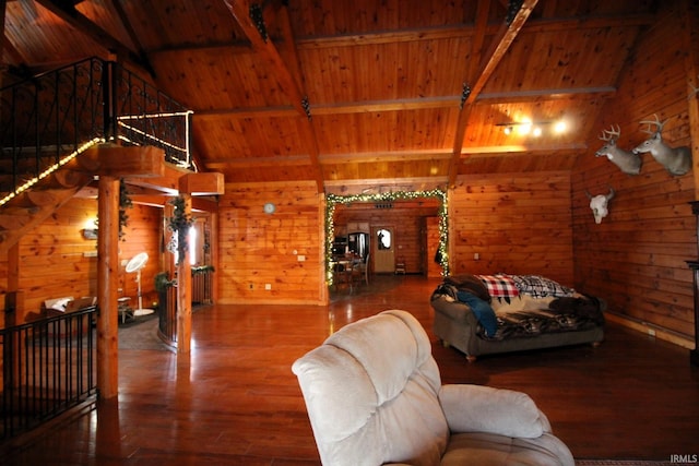 living area with wooden ceiling, wood finished floors, and wooden walls