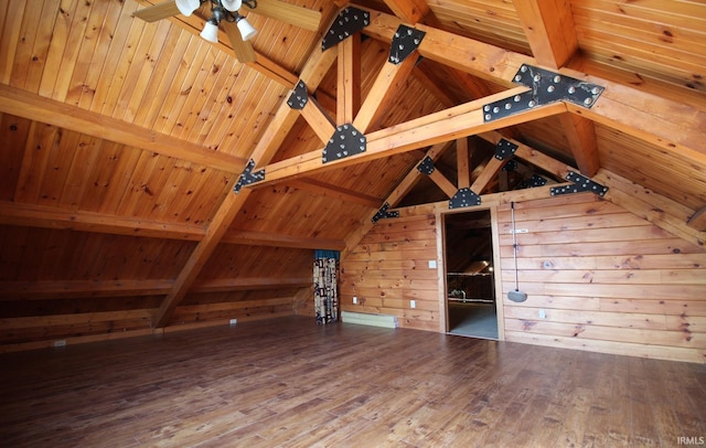 interior space featuring wooden ceiling, wooden walls, lofted ceiling with beams, and wood finished floors