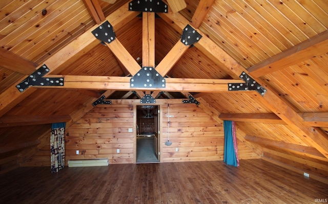 interior space with wooden ceiling, beamed ceiling, and wood finished floors