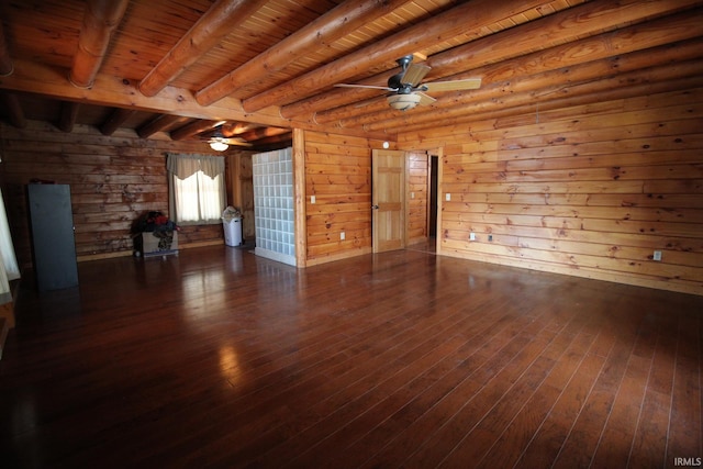 unfurnished living room featuring dark wood-style floors, wood ceiling, beamed ceiling, and a ceiling fan