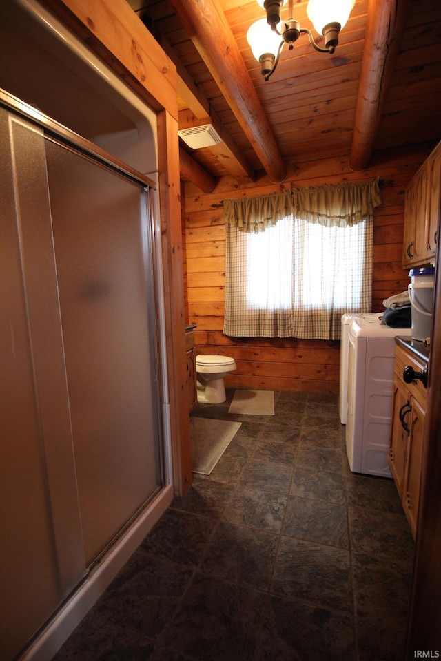 full bathroom with beamed ceiling, wood walls, visible vents, and a stall shower