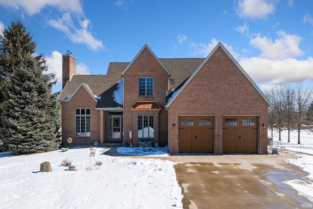 view of front facade with driveway, a chimney, roof with shingles, an attached garage, and brick siding