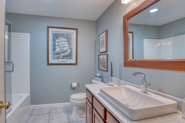 full bathroom with baseboards, toilet, tile patterned flooring, a textured ceiling, and vanity