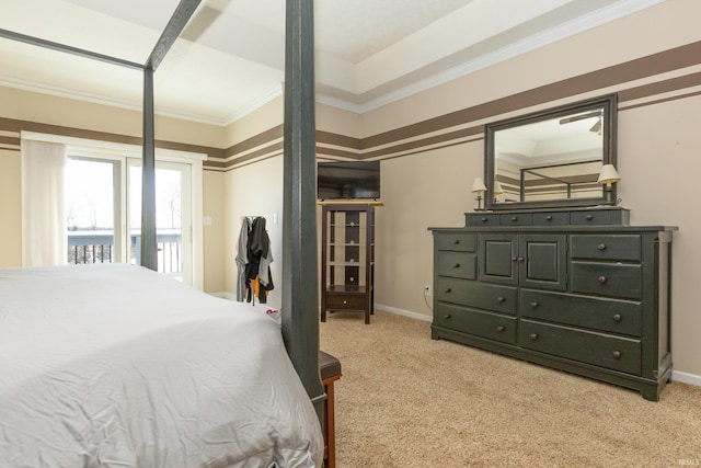 bedroom with light carpet, access to outside, and baseboards