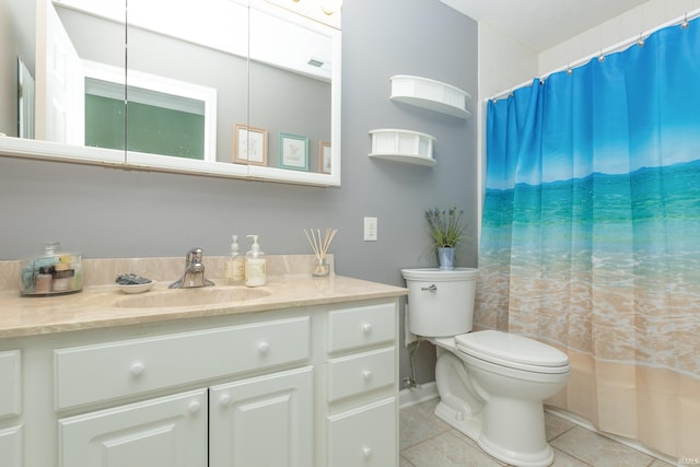 full bath with toilet, visible vents, tile patterned flooring, and vanity