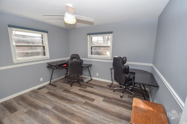 office with a ceiling fan, visible vents, baseboards, and wood finished floors